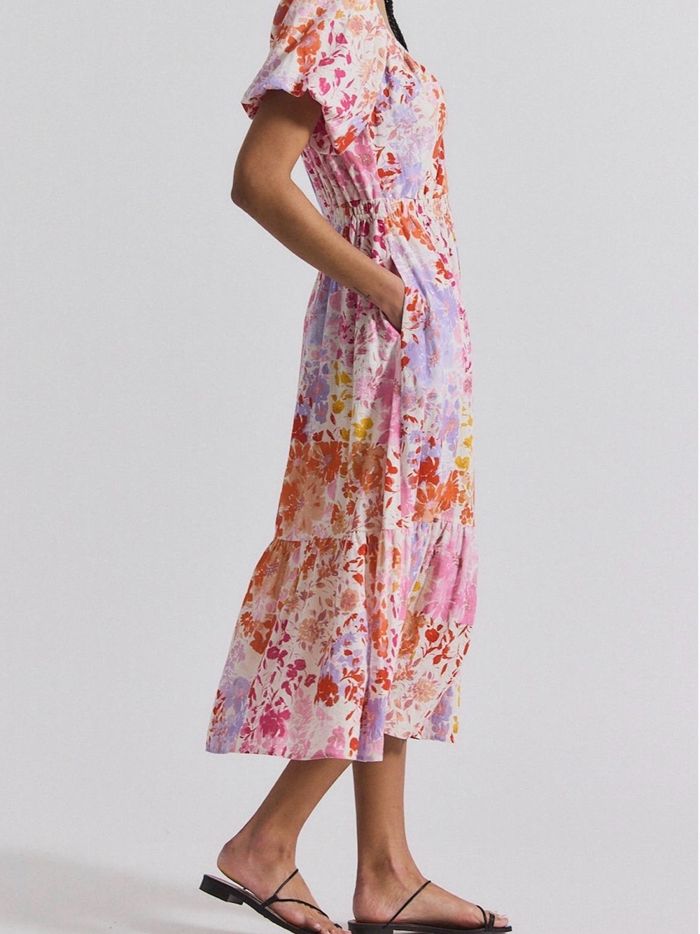 10 Crosby Derek Lam Floral Tiered Midi Dress in Pink, Orange, Yellow